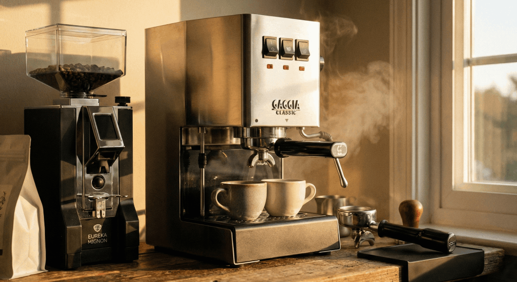The Gaggia Classic Pro E24 single boiler espresso machine with a 58mm commercial portafilter.