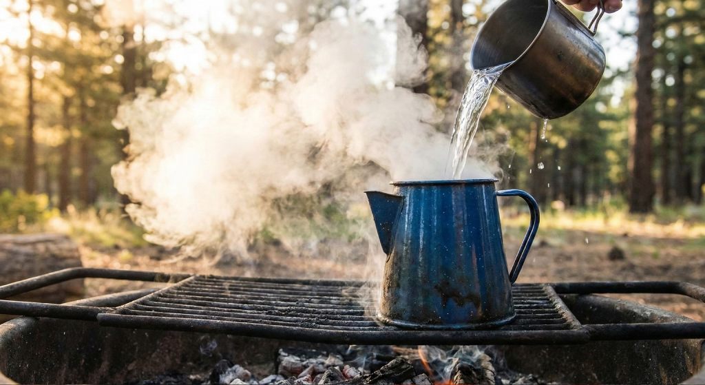 Pouring cold water into a steaming coffee pot to settle grounds.