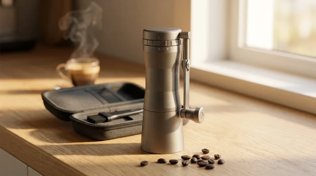 1Zpresso J Ultra manual coffee grinder with travel case on a light wooden kitchen counter