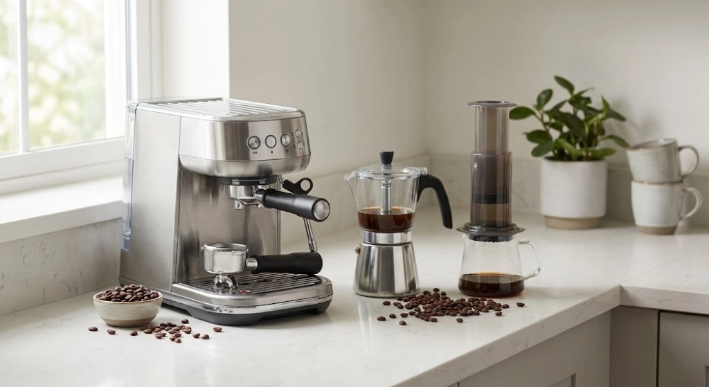 Moka pot, Aeropress, and espresso machine for making Americano at home