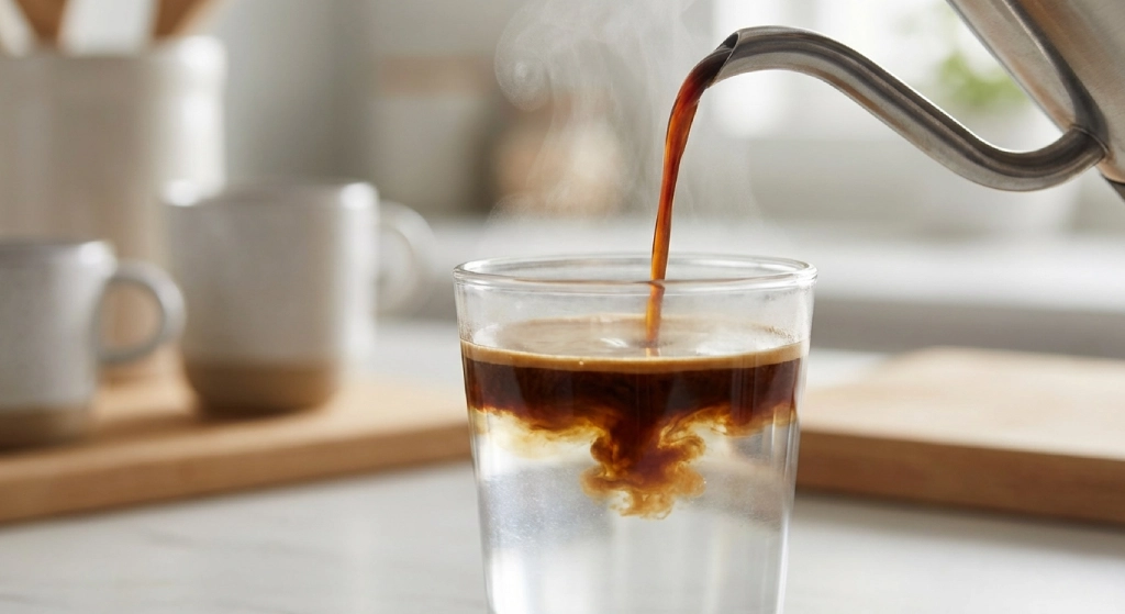 Espresso being poured into hot water to make an Americano at home