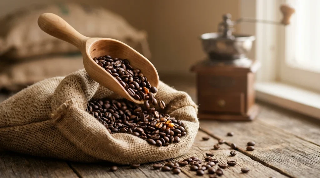 Freshly roasted whole coffee beans being scooped from a burlap bag with a wooden coffee scoop
