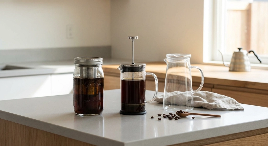 Mason jar and French press for making cold brew coffee at home