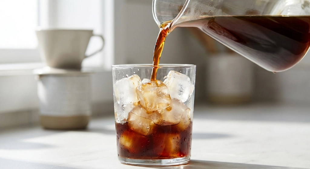 Cold brew coffee served over ice in a glass