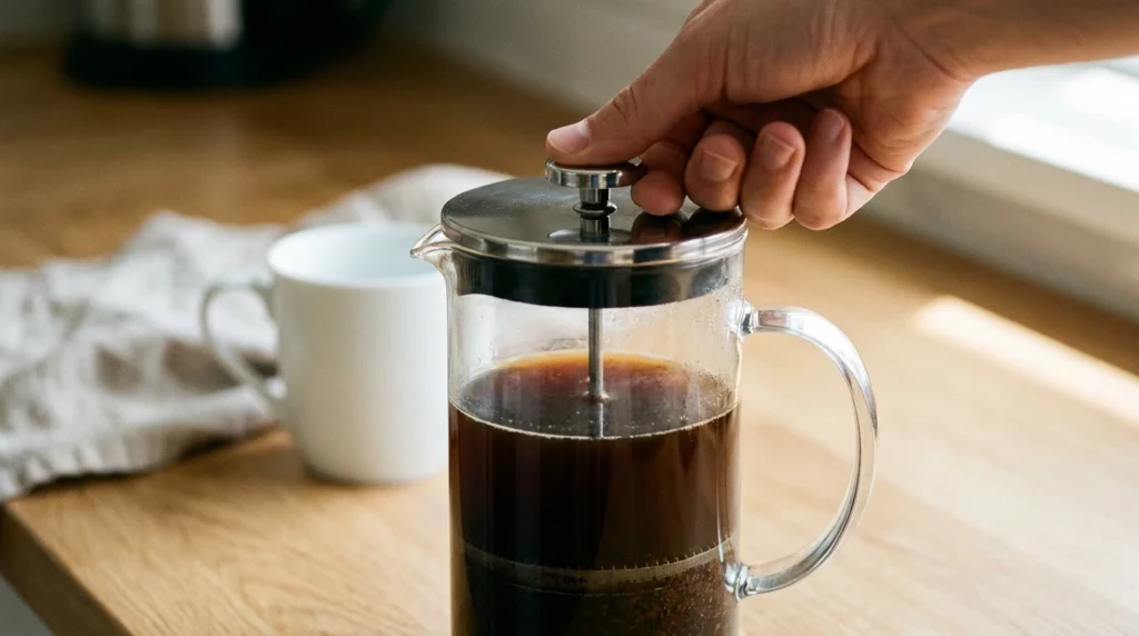 Hand pressing the plunger of a French press during the 4-minute brew