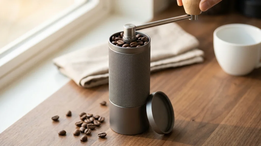 KINGrinder K6 manual coffee grinder loaded with whole coffee beans on a wooden counter