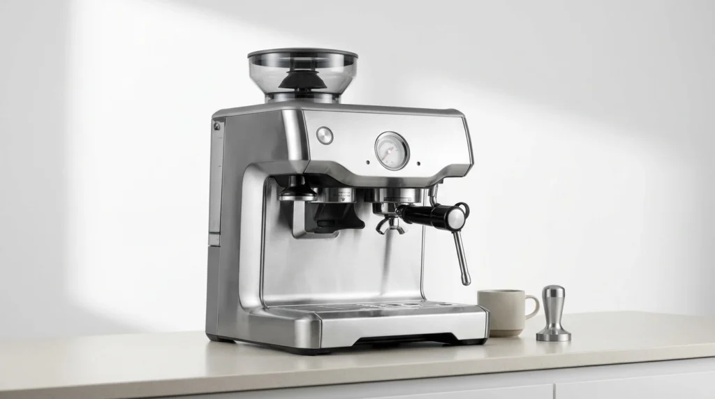 Breville Barista Express Impress espresso machine with built-in grinder and assisted tamping — best overall home espresso machine for 2026