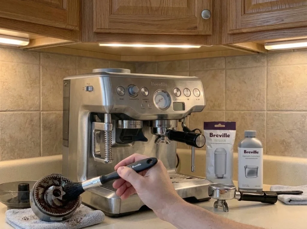 cleaning the Barista Express Impress conical burrs with a brush