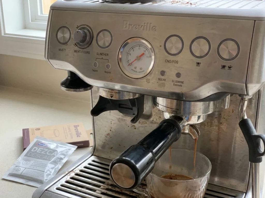 Barista Express Impress pressure gauge and portafilter during shot diagnosis