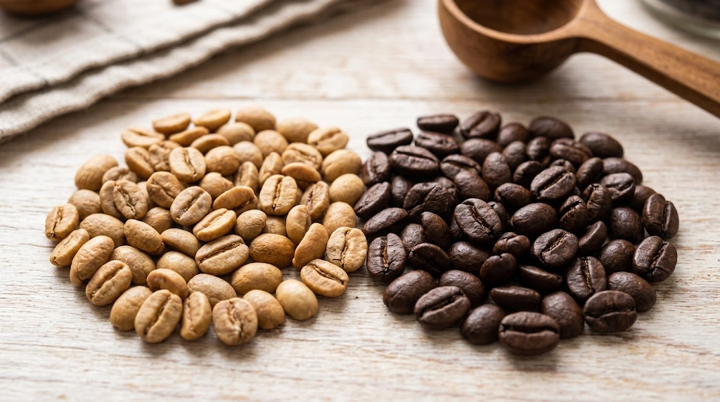 Blonde espresso beans next to dark-roast beans showing color difference