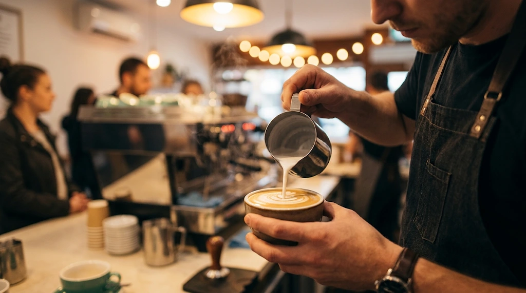 Barista pouring steamed milk into blonde espresso latte