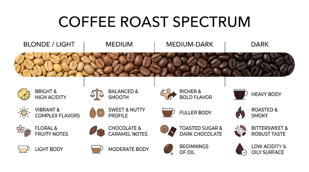 Coffee roast spectrum from blonde light roast to dark roast with flavor notes