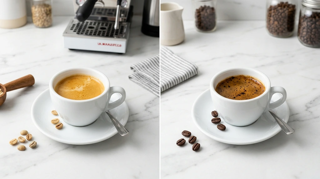 Blonde espresso next to regular dark-roast espresso showing crema color difference