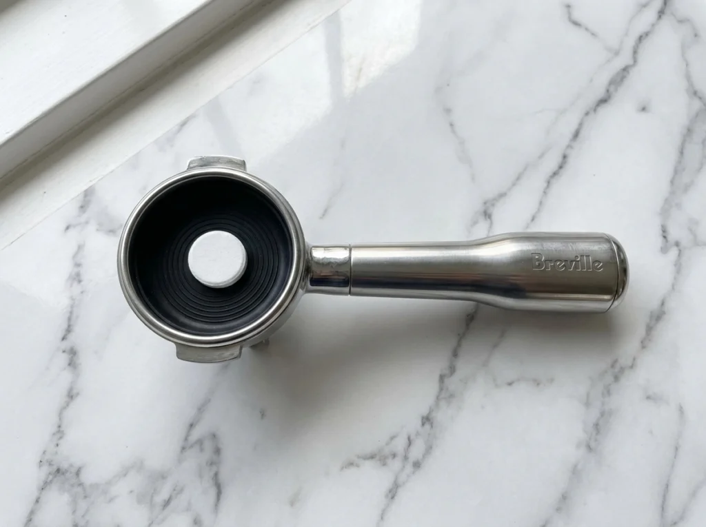 Blind filter and cleaning tablet in a Breville portafilter for backflushing