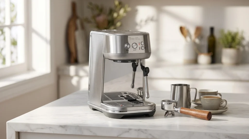 Compact Breville Bambino Plus espresso machine with automatic milk frother — best budget home espresso machine under $500