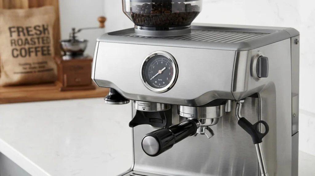 Breville Barista Express original home espresso machine with front-facing analog pressure gauge — best all-rounder home espresso machine 2026