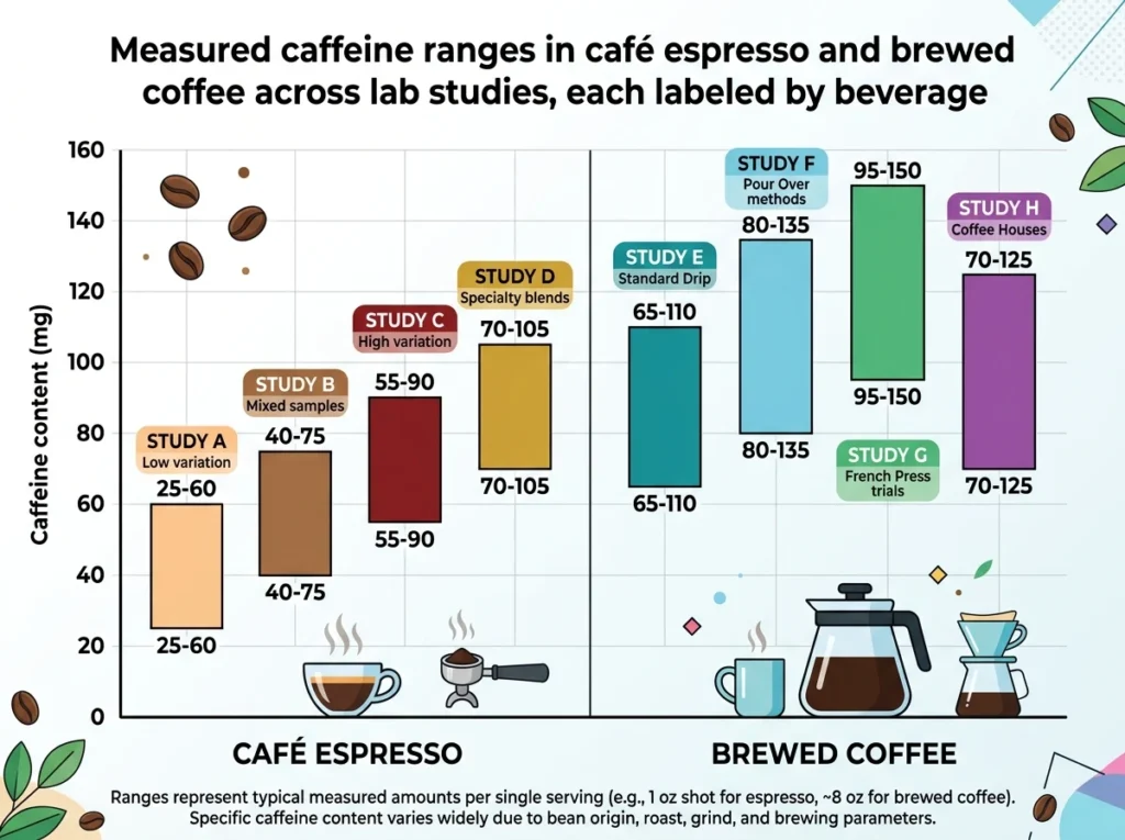 Measured caffeine ranges in café espresso and brewed coffee across lab studies