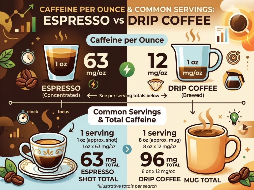 Caffeine per ounce: espresso 63 mg/oz vs drip coffee 12 mg/oz