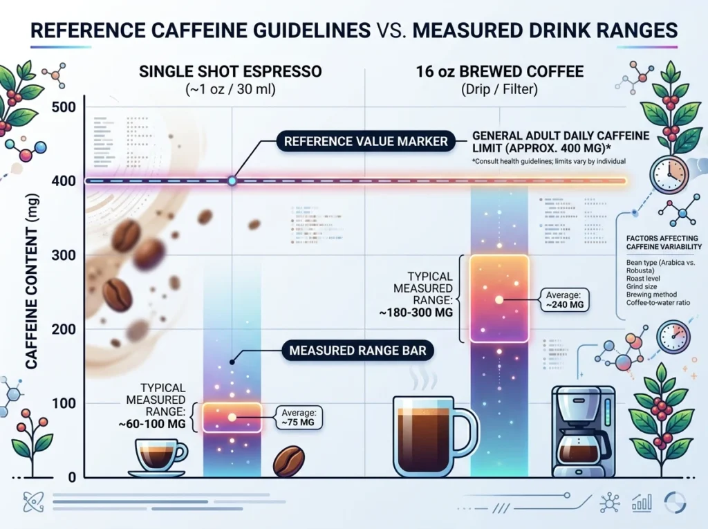Reference caffeine values compared with measured ranges for café espresso and brewed coffee