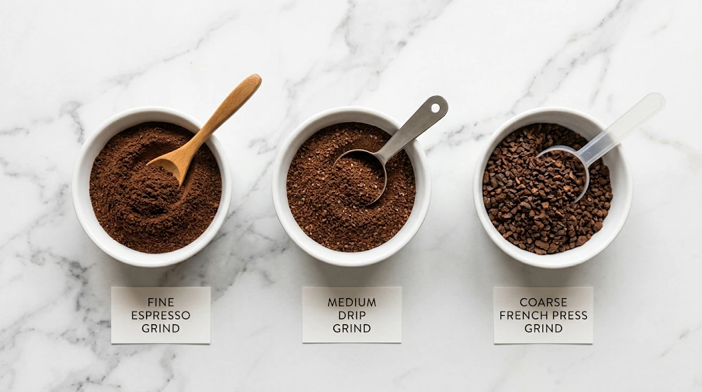 Coffee grind size comparison: fine espresso, medium drip, and coarse French press grind