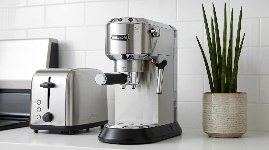 Slim De'Longhi Dedica Arte compact espresso machine only 6 inches wide — best beginner home espresso machine for 2026