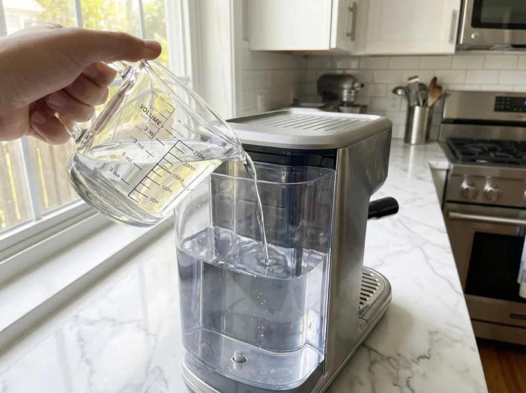 How to descale Breville espresso machine — pouring citric-acid descaling solution into the water tank