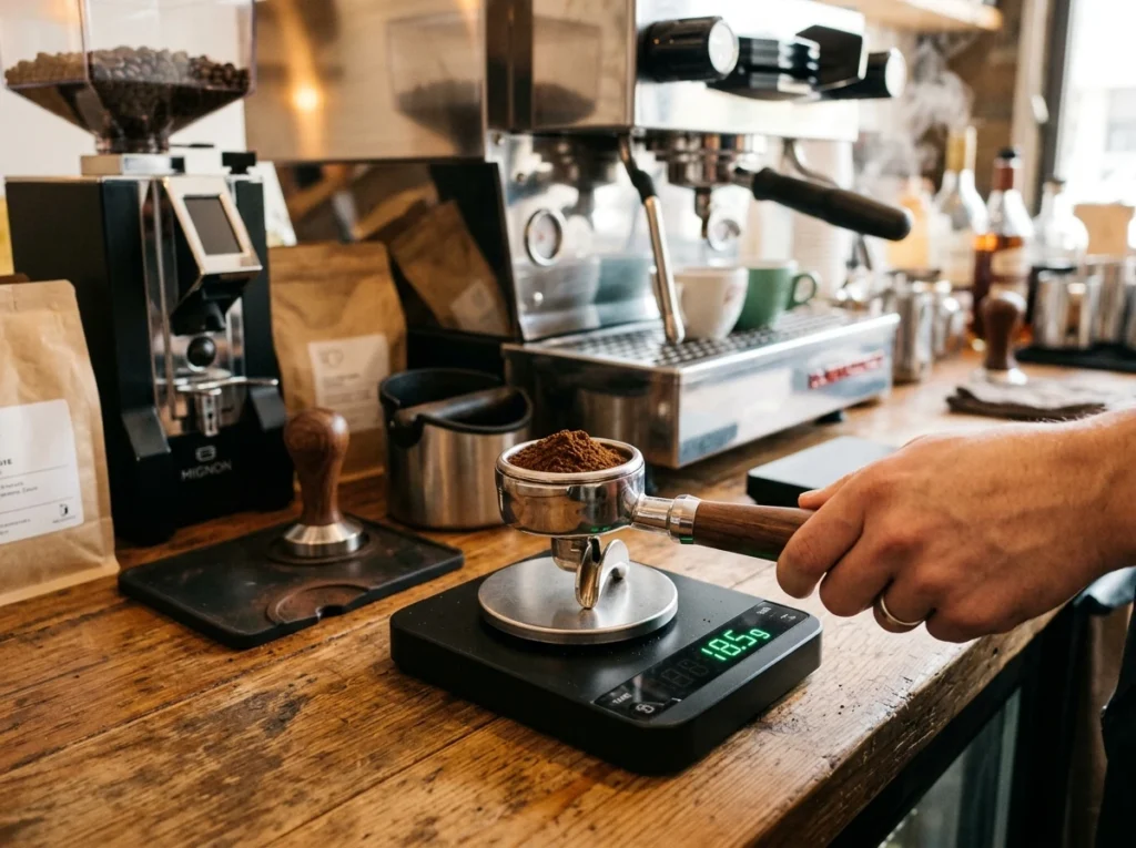 Weighing a coffee dose for a double espresso on a digital scale