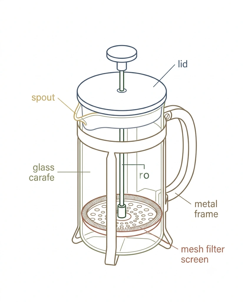 Labeled diagram of French press parts including plunger, mesh filter, glass carafe