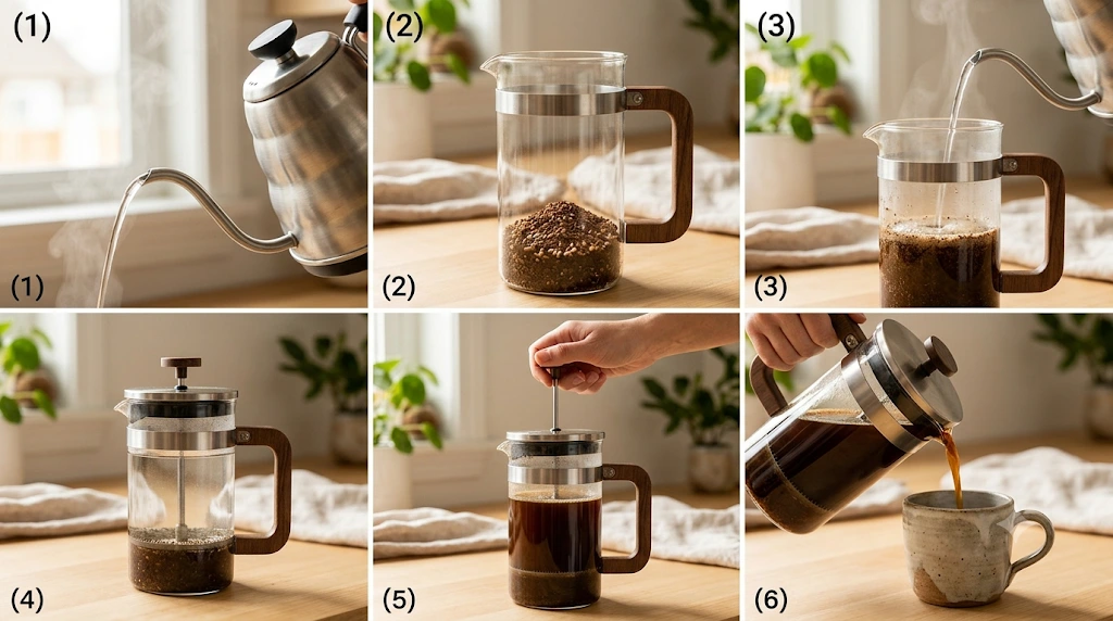 Step-by-step French press brewing process from grinding to pouring