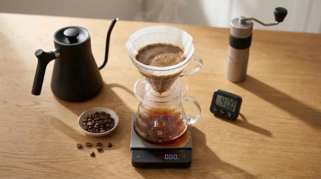 Hario Switch recipe setup with coffee, gooseneck kettle, scale, grinder, and timer ready for brewing.