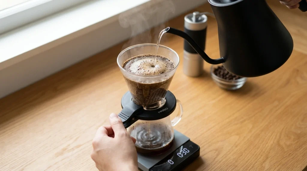 Hot water pouring into a Hario Switch dripper to make fresh immersion-brewed coffee