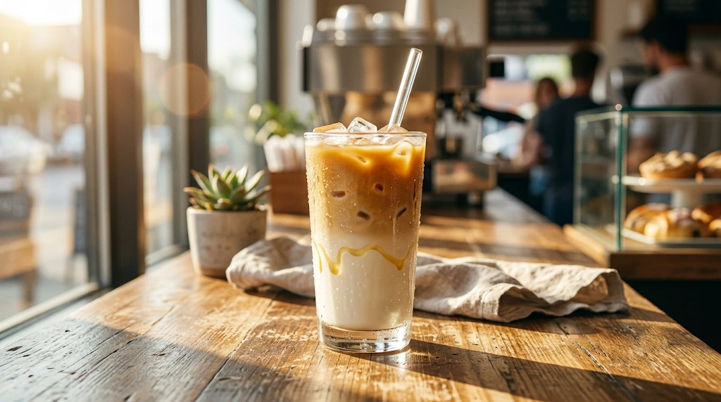 Iced blonde vanilla latte in a clear glass on a cafe counter