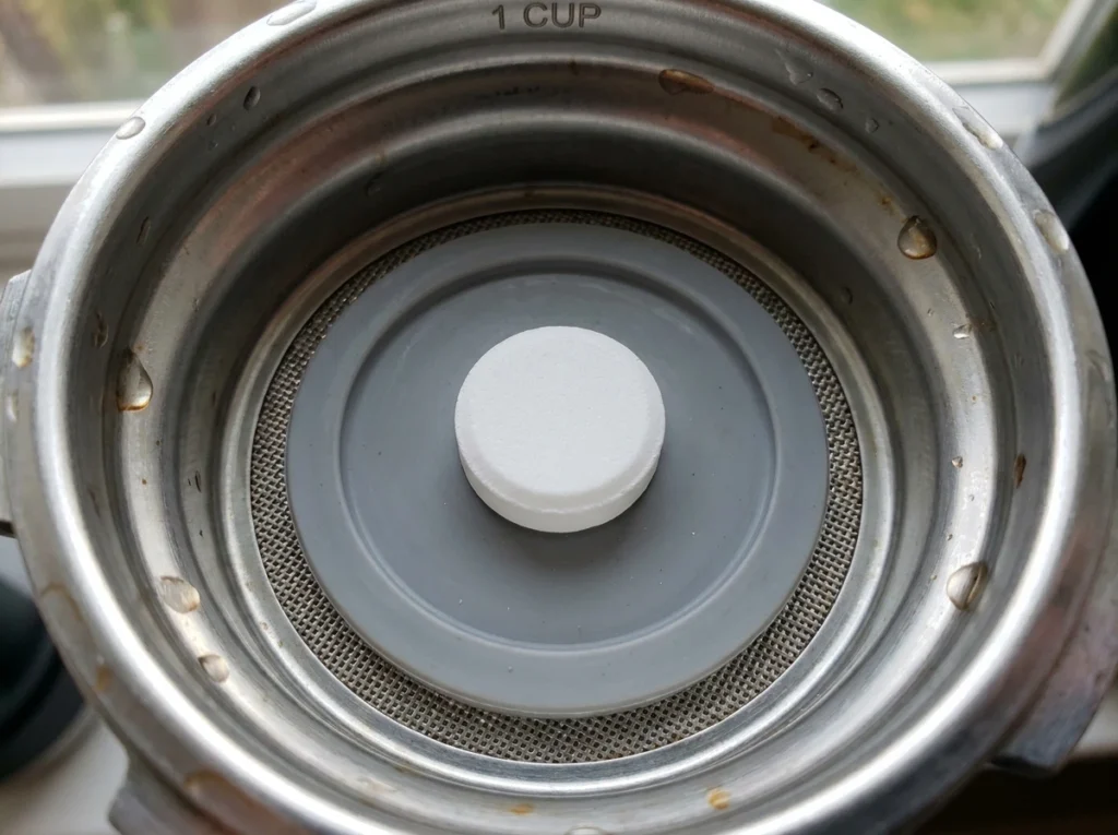 Barista Express Impress cleaning tablet on the supplied cleaning disc