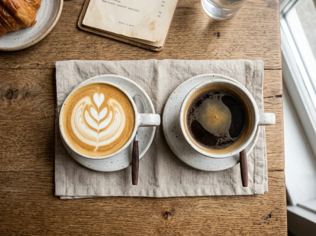 Latte and Americano side by side, each made with a double shot of espress