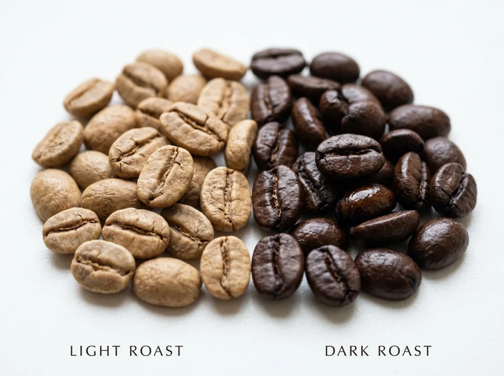 Light roast and dark roast coffee beans side by side