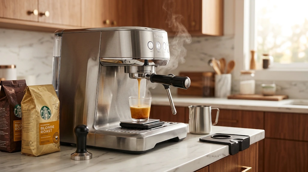 Espresso machine pulling a blonde espresso shot into a glass