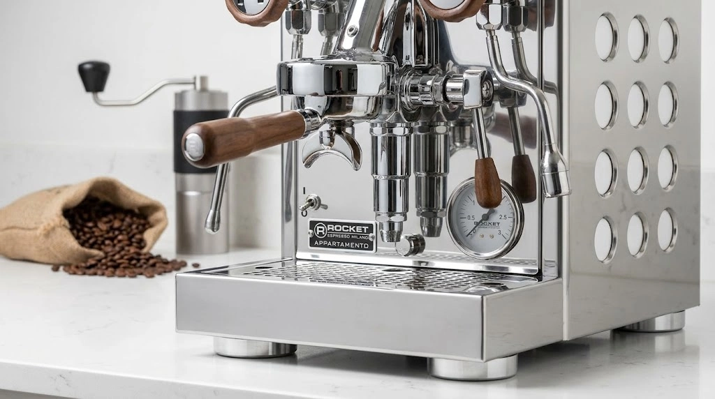 Rocket Appartamento TCA prosumer espresso machine with iconic circular side panel cutouts and E61 group head — best prosumer home espresso machine 2026