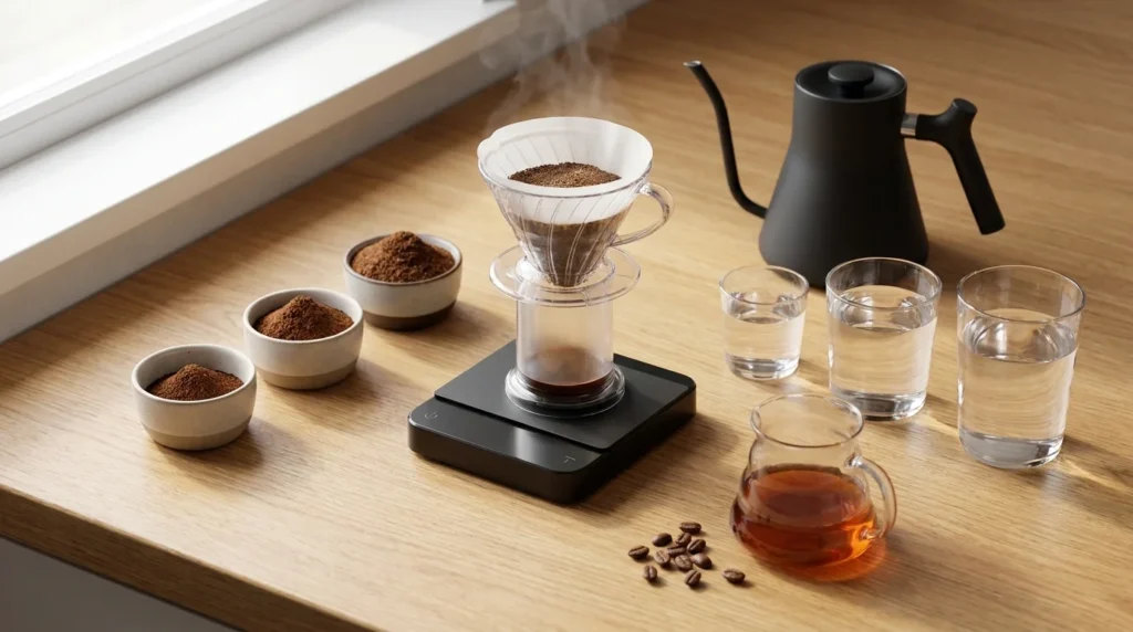 Hario Switch with measured coffee and water portions demonstrating how to scale the coffee-to-water ratio.
